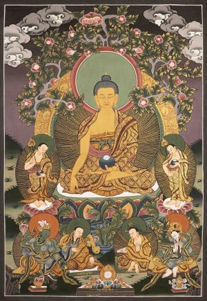 Original Hand Painted Thangka Of Shakyamuni Buddha Followed By Other Bodhisattvas